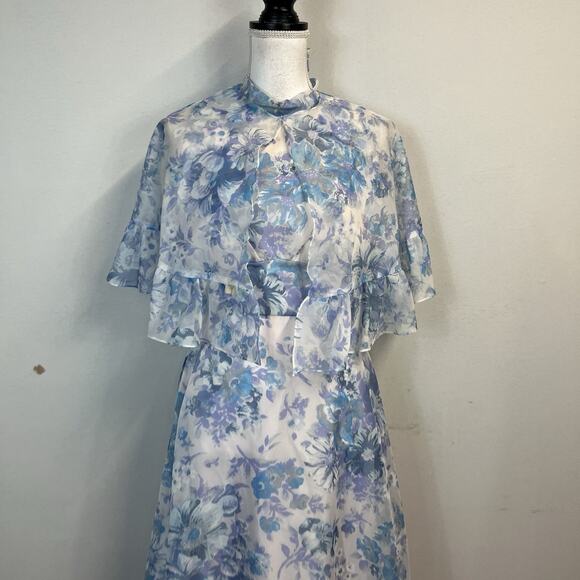 Vintage 70's Lorrie Deb Dress & Cape size 13/14 Blue Floral Bridesmaid Wedding - Picture 3 of 16